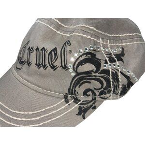 VTG Y2K Embellished Rhinestone Cruel Girl Military Cap Grey Canvas Hook/Loop #b